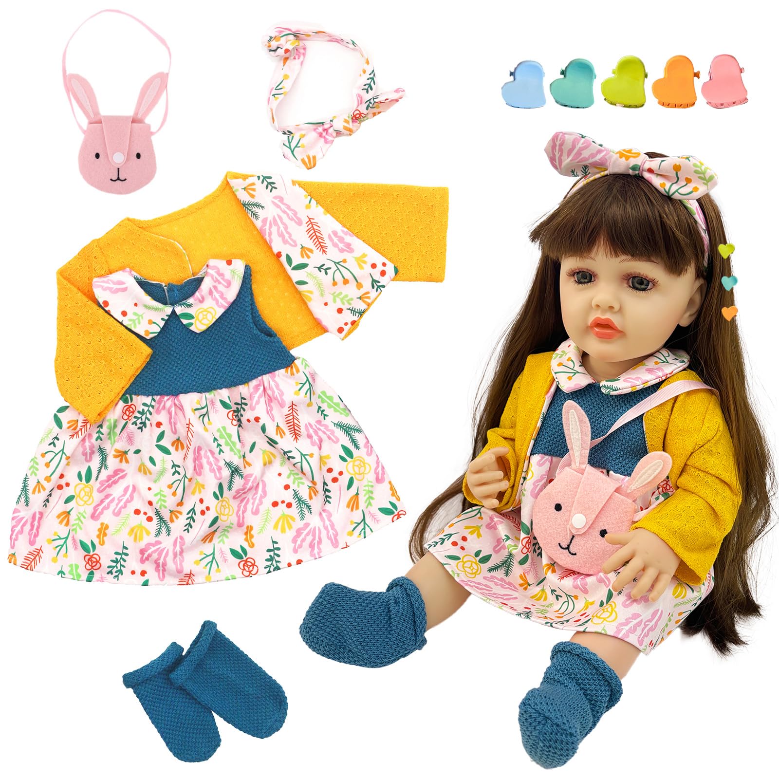 Xerteam 10pcs Baby Doll Clothes, 20-22 inch Baby Doll Clothes, Baby Dolls Dress for Girls, Sweet Baby Doll Outfit, 20-22inch Baby Doll Outfits with Dress Coat Socks Bag Headband Hairpin(Yellow/Blue)