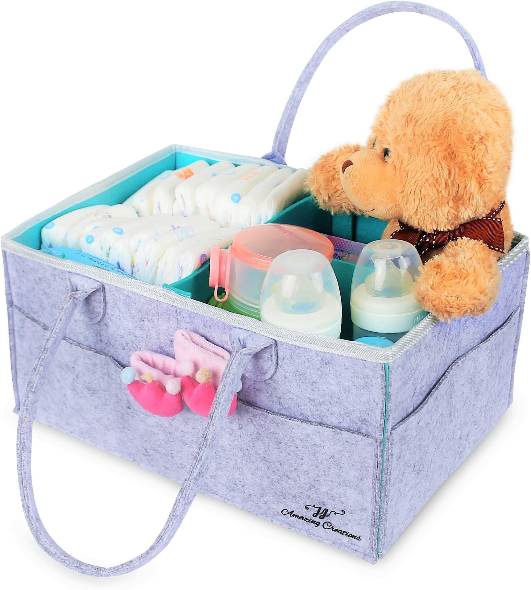 Baby Diaper Caddy Organizer : Portable Car Travel Bag | Grey Tote | Nursery Storage Bin for Changing Table | Newborn Registry Must Haves | Baby Shower Gift Basket for Boys and Girls | Stackers | Crib