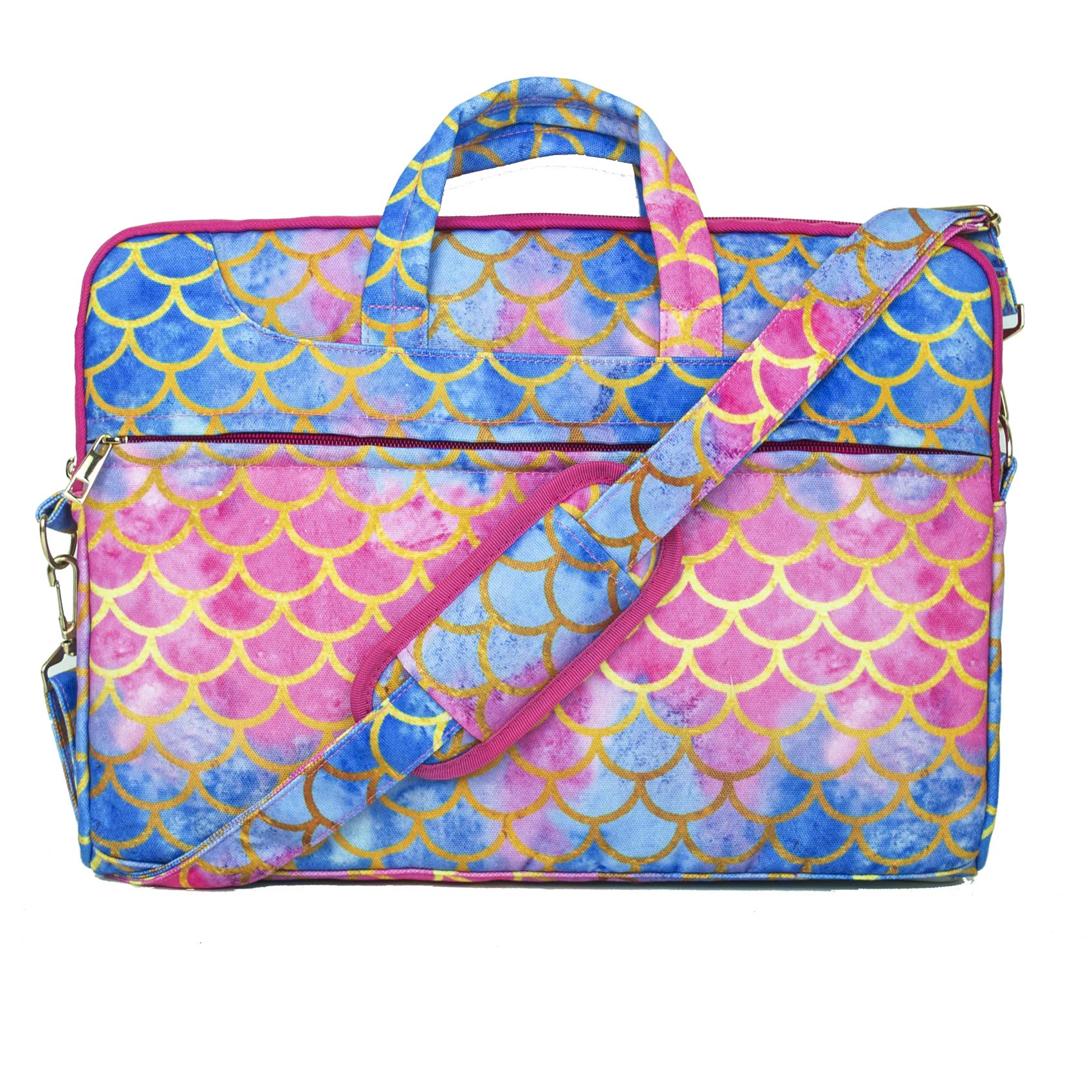 TaylorHe 15.6 inch 15 inch 16 inch Poly Canvas Laptop Shoulder Bag with Patterns, Side Pockets Handles and Detachable Strap Mermaid Scale Blue Pink