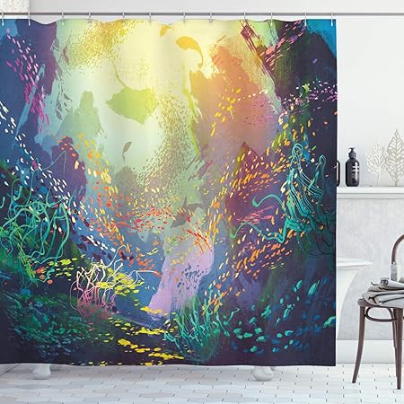 Abakuhaus Ocean Shower Curtain Coral Reef Aquarium Art Cloth Fabric Bathroom Decor Set With Hooks 78 Inches Turquoise Yellow Pink Amazon Co Uk Kitchen Home