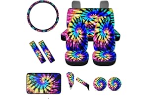BIGCARJOB 12 Pcs Tie Dye Car Accessories Set,Universal Car Seat Covers Set with Rear Bench Backrest Cover Seat Protector,Womens Girls Seat Belt Pads Cover,Coasters,Steering Wheel Cover,Armrest Cover