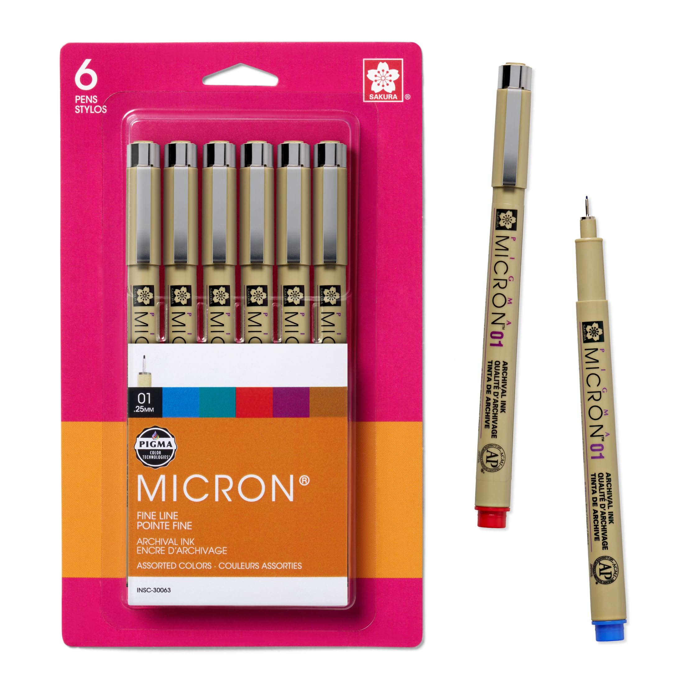 Sakura .25mm Pigma Micron Pens #01, Pack of 6, Black/Red/Blue/Green/Brown and Purple