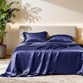 Love's cabin Satin Twin Sheets Set, 3 Pieces, Navy Blue, 15" Deep Pocket | Luxury Silky Touch Bedding Set: Fitted Sheet, Flat Sheet &amp; Pillowcases, Soft Smooth Silk Feel, All-Around Elastic Snug Fit