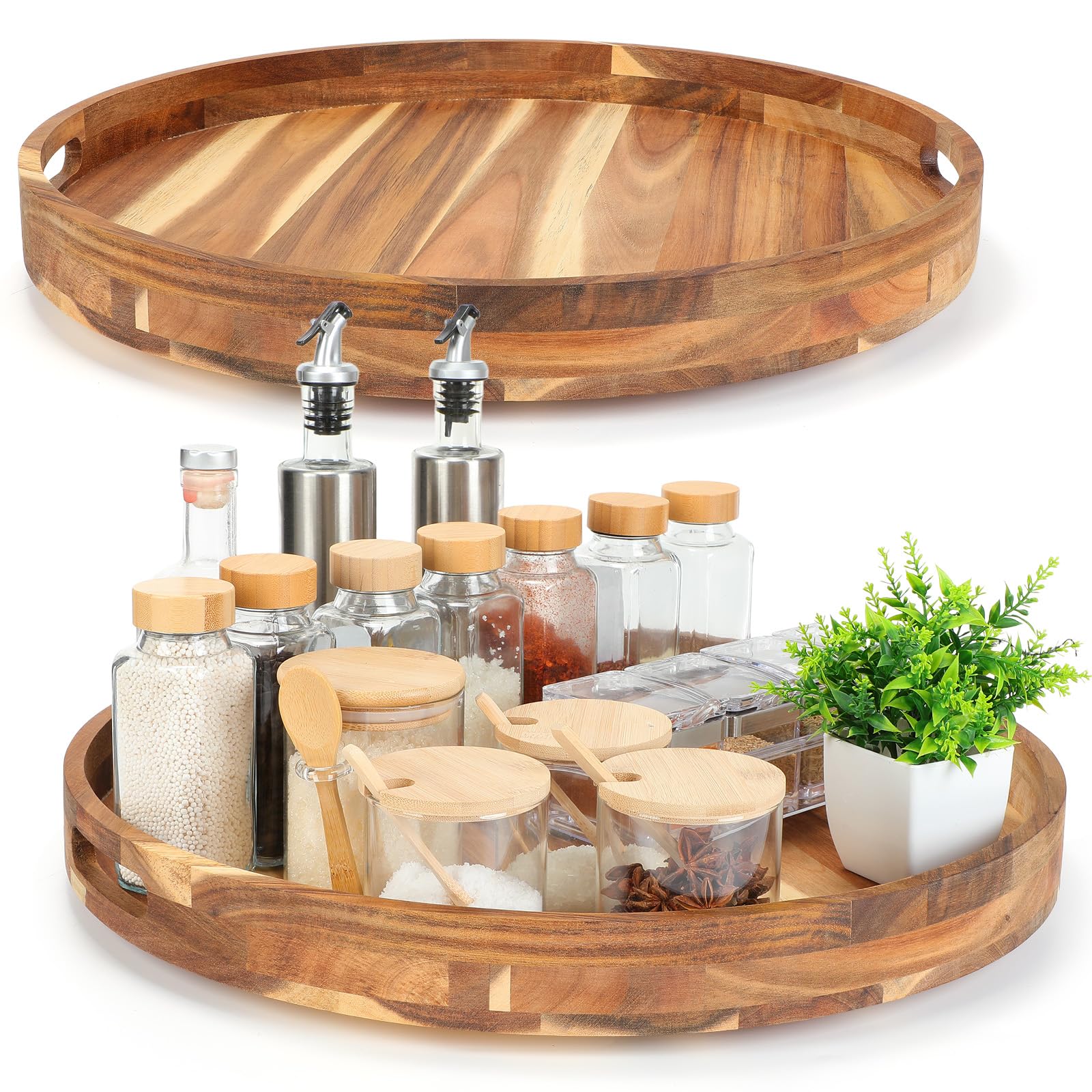 Photo 1 of Nitial 2 Pack 20 Inch Acacia Wood Lazy Susan Turntable with Handle Wooden Rotating Serving Tray Charcuterie Board Kitchen Organizer Turntable for Countertop Cabinet Pantry