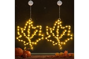 BlcTec Thanksgiving Decorations for Home 2 Pack 10Inch Maple Leaves Thanksgiving Window Lights with Suction Cups, Timer, Battery Operated Metal Frame Window Lights for Thanksgiving Decorations, Orange
