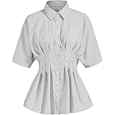 winkbay Women's Striped Button Down Peplum Shirt Summer Pleated Short Sleeve Business Casual Blouses