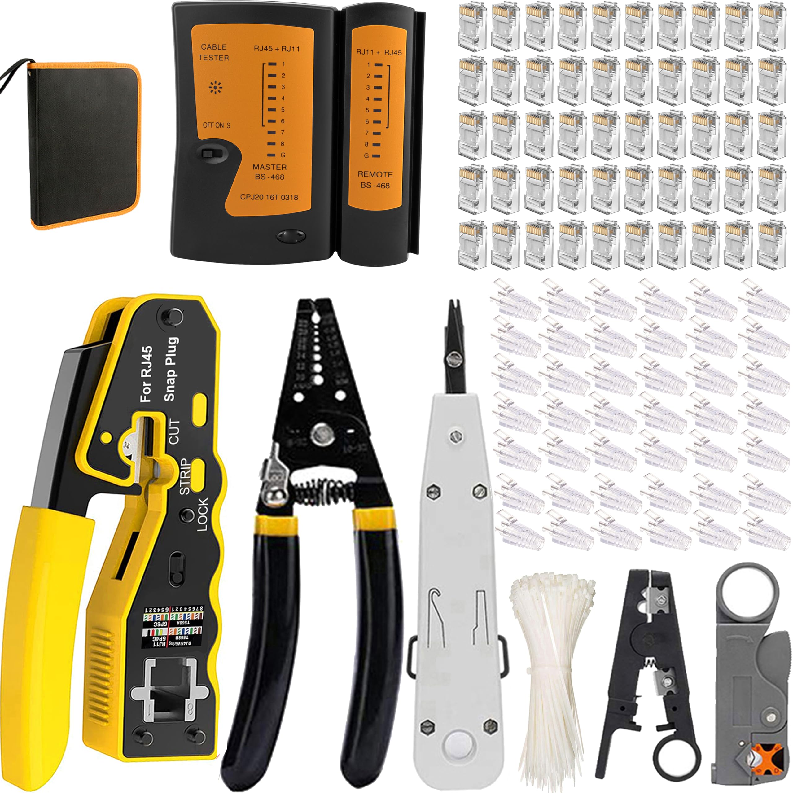 MAYLINE Crimp Tool RJ45/RJ12/RJ11, Ethernet Computer Maintenance CAT5 CAT6 CAT7 Cable Tester Repair Wire Stripping Cutter, 6P 8P Crimper Pass Through Network Crimping Tool Kit Set(Yellow)