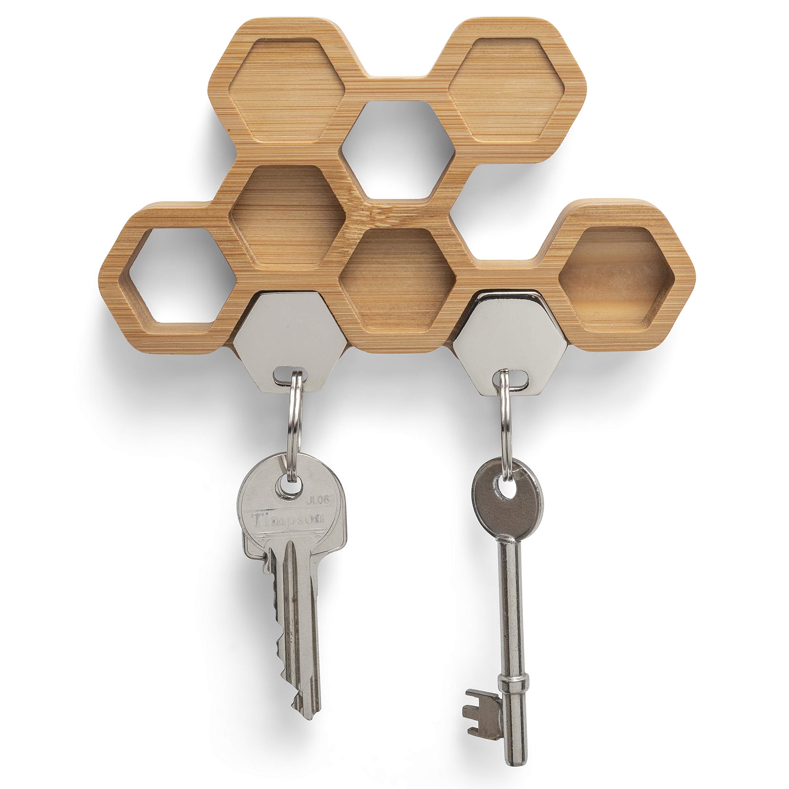 Wooden Magnetic Key Holder | Unique Honeycombe Design | Minimalist | Strong Magnets | Wall Mounted | Hallway, Entrance, Office, Home | Bamboo Key Rack | Holds 2 Sets of Keys | W15 x H9.2 x D2.5cm