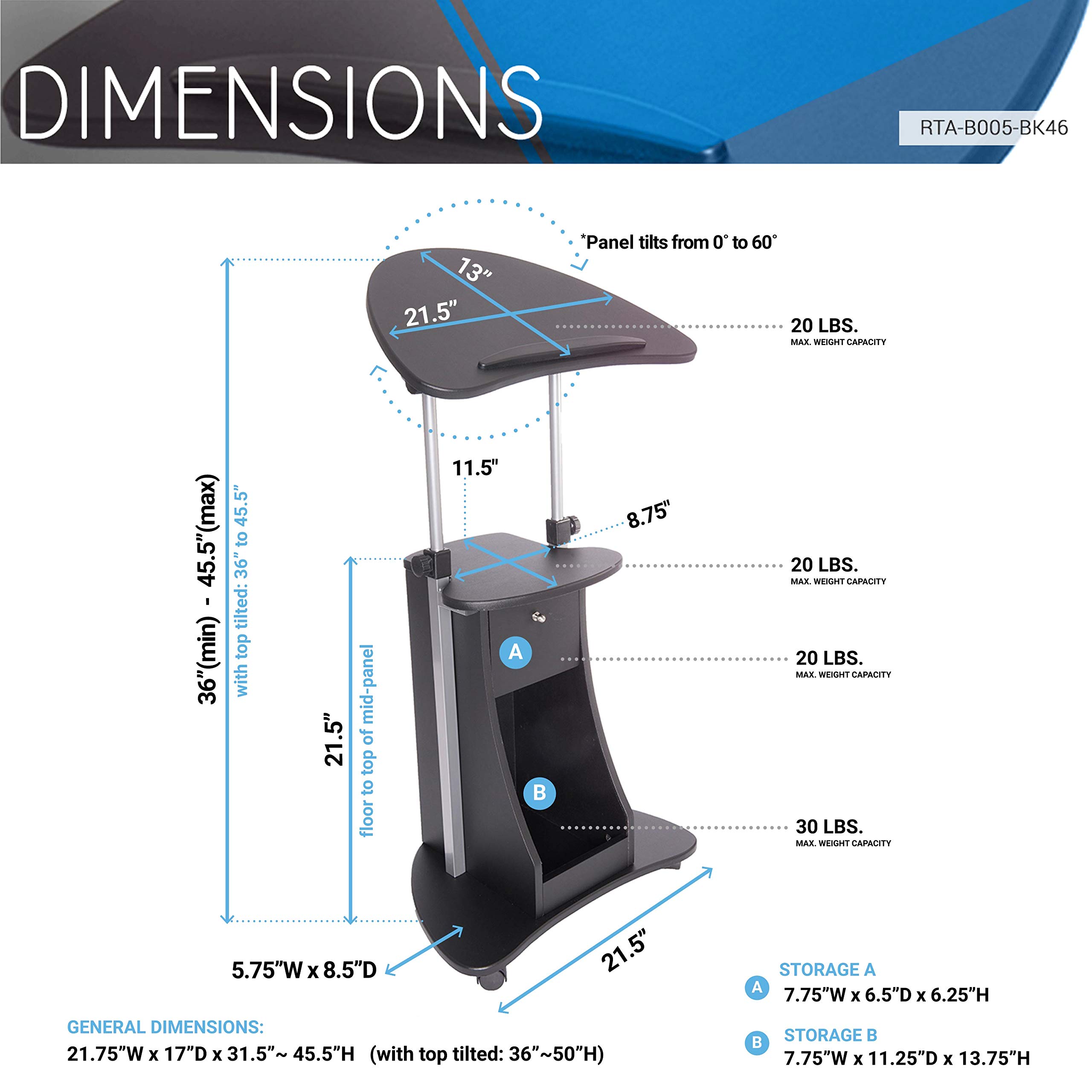 Techni Mobili Sit-to-Stand Rolling Storage Adjustable Laptop Cart, Black