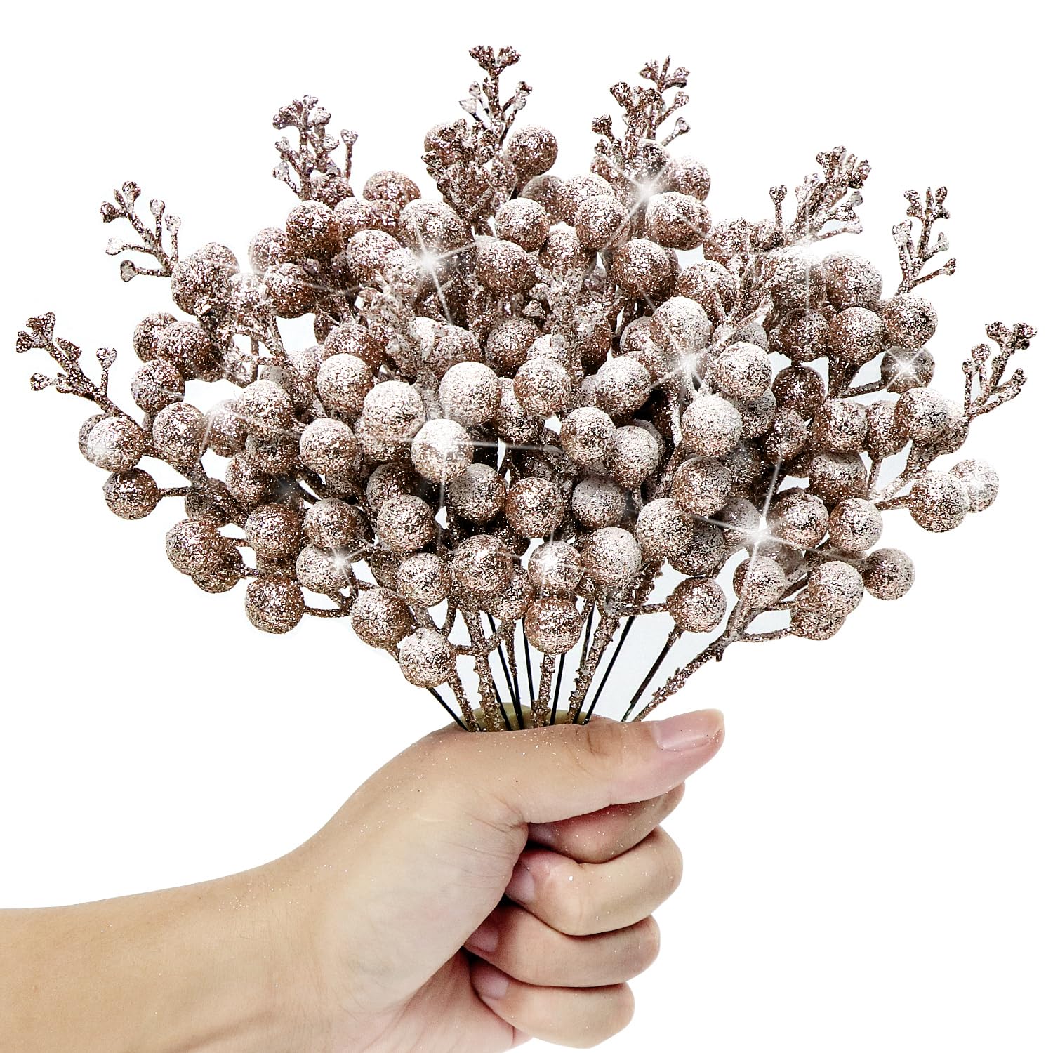 KKSTY Pack of 16 Christmas Glitter Berries Stems, Artificial Snowy Berry Picks Holly Berry Branches for Wreath Making Supplies Christmas Tree Decoration (Rose Gold)