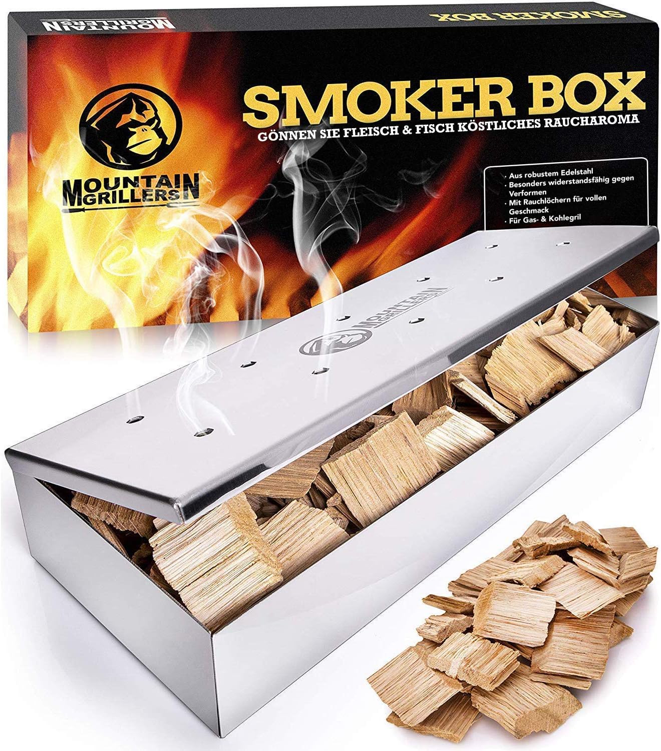 Mountain Grillers Räucherbox aus Edelstahl für BBQ - Smokerbox für EIN tolles Aroma beim Grillen - Für Kugel-, Kohle- und Gasgrill - Robustes Grillzubehör für Räucherchips mit praktischem Klappdeckel