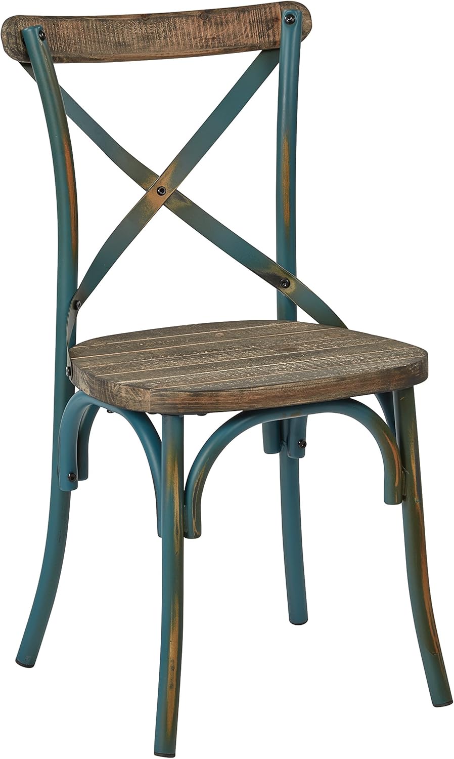 OSP Home Furnishings Somerset X-Back Metal Chair with Hardwood Rustic Walnut Seat Finish, Antique Turquoise