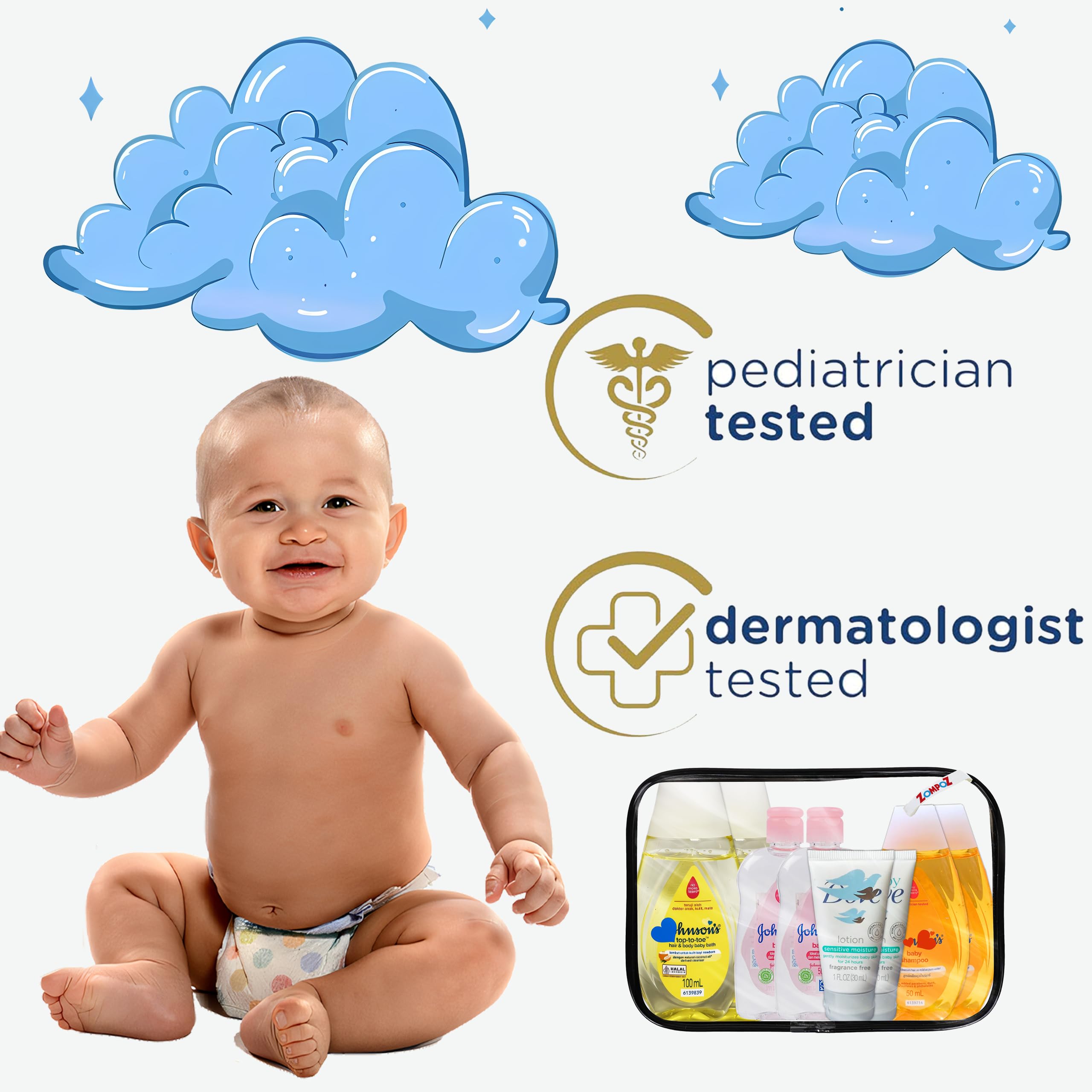 Bath Essentials Travel Kit, 8 Piece TSA Approved Travel Size Bottles Toiletries Kit, Baby Shampoo (2) Top to Toe Body Wash (2) Baby Oil (2) Baby Sensitive Lotion(2)