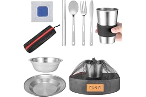 CONJGI Outdoor Camping Mess Kit - 1 to 2 persons Camping Dishes Includes Cups, Bowls, Dishes, Knives, Forks, Spoons, Etc, Camping Dinnerware Set with Mesh Bag is Easy to Carry Camping Tableware Set