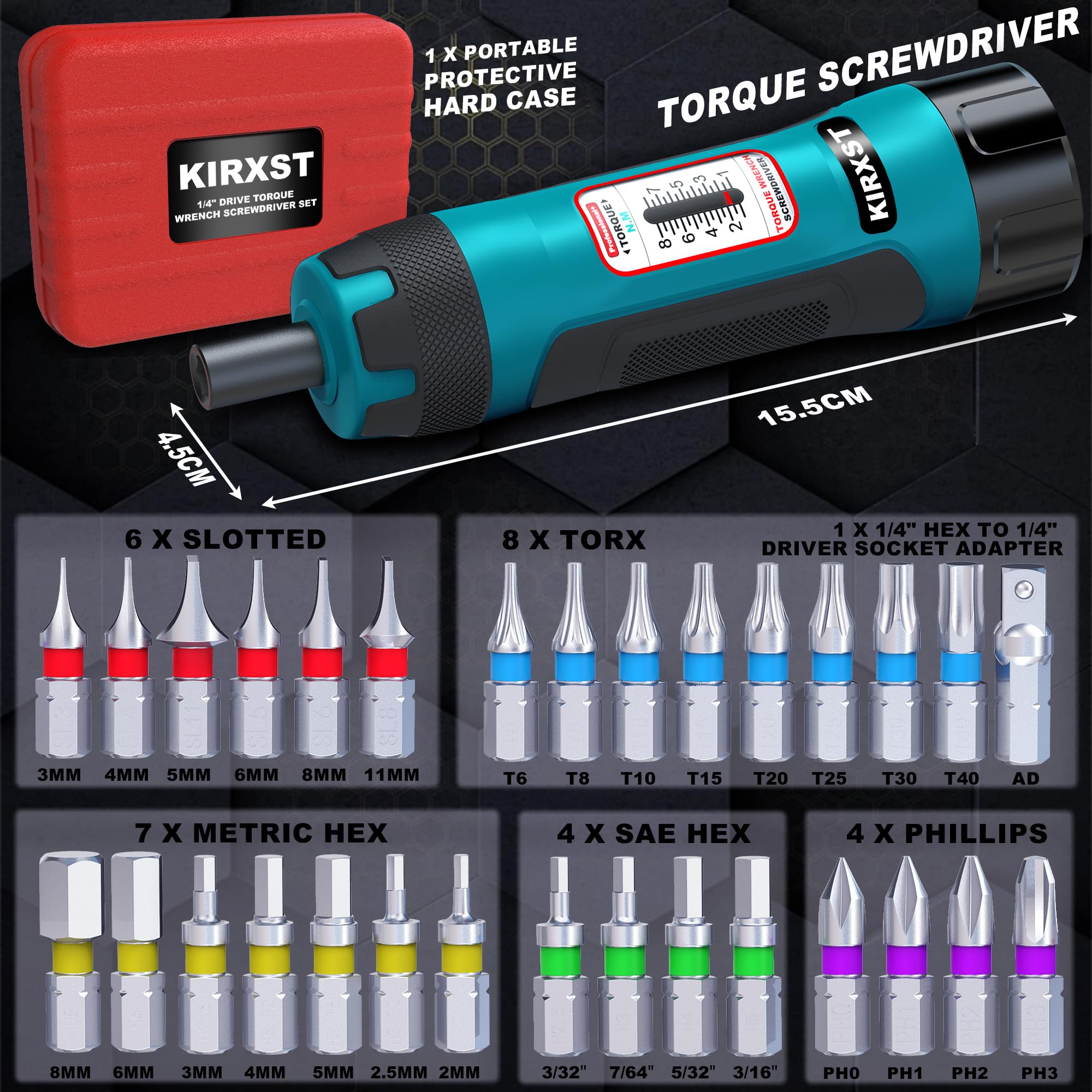 KIRXST 1/4" Drive Torque Screwdriver Set 1-8 Nm, 31 Pieces Torque Wrench Bits Set, Portable Wrench Hand Tools Replaceable Bits
