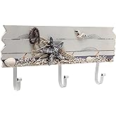 MyGift 3 Hook Coastal Style Wall Mounted Entryway Coat Rack, Decorative Nautical Beach Starfish and Seashell Theme Wood Panel with White Metal Jacket Hanging Hooks