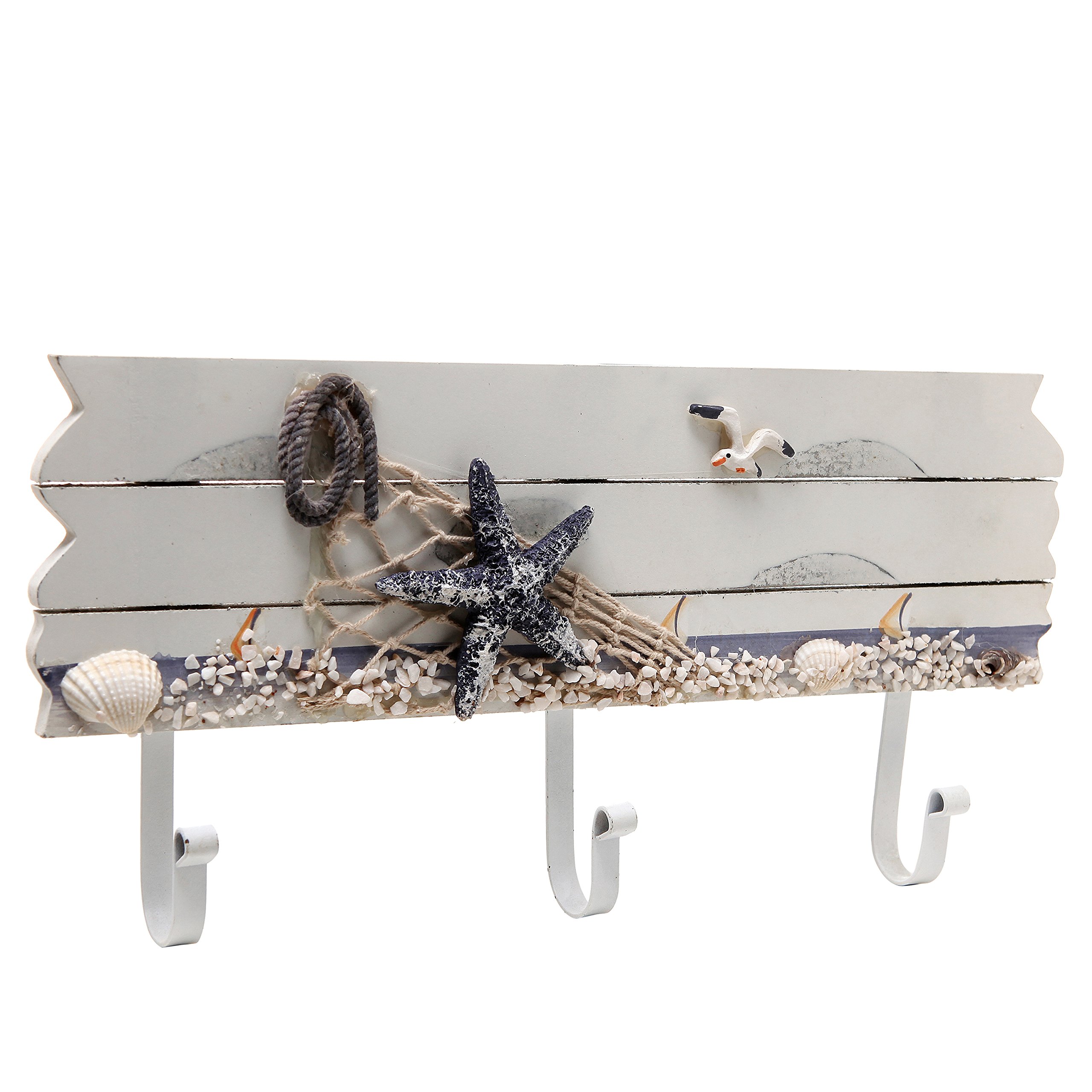 Photo 1 of MyGift 3 Hook Coastal Style Wall Mounted Entryway Coat Rack, Decorative Nautical Beach Starfish and Seashell Theme Wood Panel with White Metal Jacket Hanging Hooks