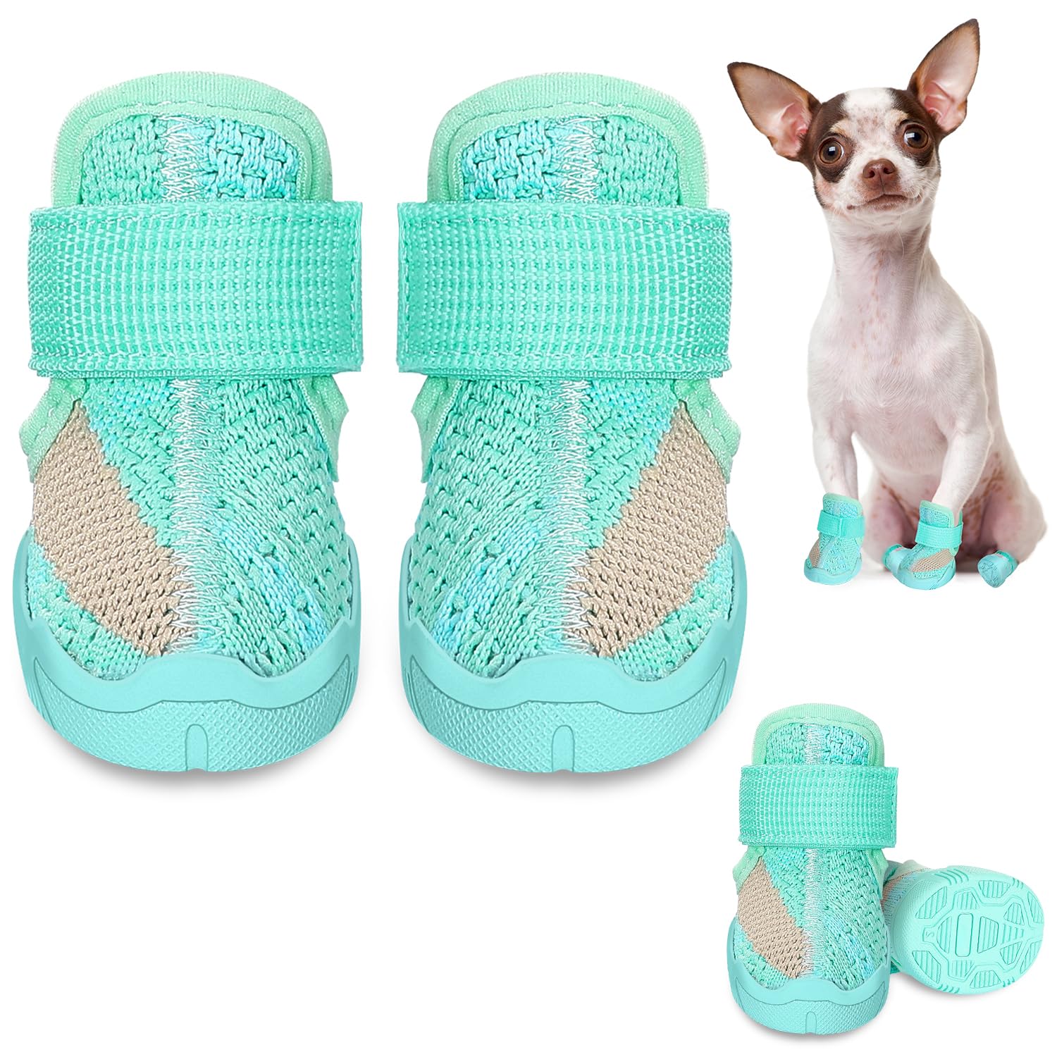 Photo 1 of SlowTon Dog Shoes for Small Size Dogs - Soft Rubber Sole Dog Boots & Paw Protector for Summer Hot Pavement Winter Snow, Breathable Booties for Outdoor Walking Indoor Hardwood Floor, Green, 3