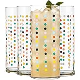 Libbey Vintage Dots Drinking Glasses Set of 4, Colorful, Retro Polka Dot Design Glass Cups Set, Dishwasher Safe Water Glasses Set for Beverages