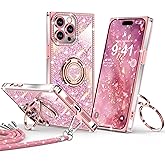 XYZ for iPhone 14 Pro Max Case, Glitter Bling Phone Cover with 2-Ring Heart Stand & Lanyard, Women Girls Luxury Rhinestone Shockproof Protective Case for iPhone 14 Pro Max, Pink