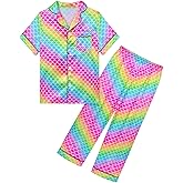 Nidoul Girls Pajamas Silky Short Sleeve Long Pants Cute Jammies Satin Sleepwear Pjs Set for Toddler Kids 3T-10Y