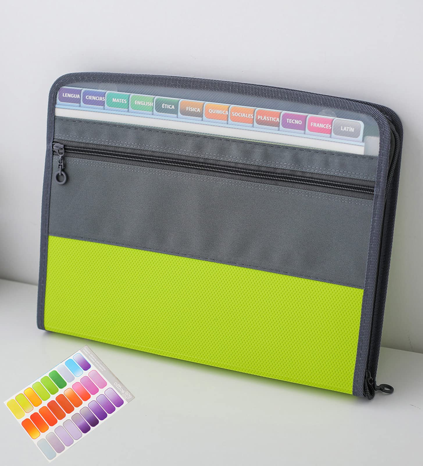 NAFY Expanding File Folders, 13 Pockets Document Organizer with Zipper, A4 Letter Size Portable Accordion Expanding File Folders with 27pcs Multicolor Labels for Home Office School Supplies (Green)
