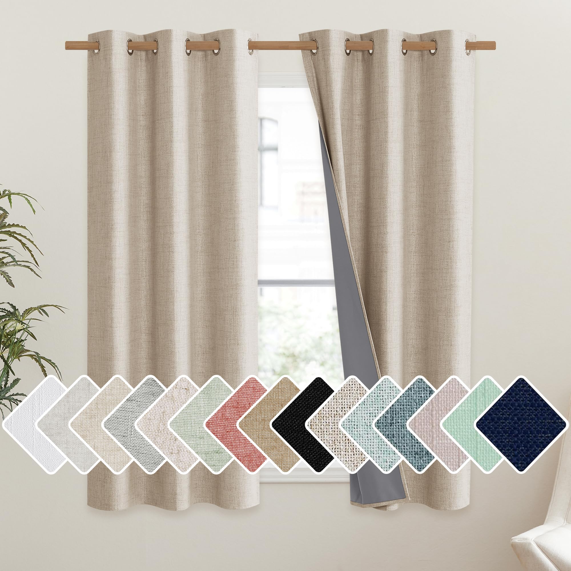 Photo 1 of NICETOWN Cream Thick Linen Blend 100% Blackout Curtains 63" Long 2 Panels Set for Bedroom, 42" Wide, Rustic Grommet Thermal Insulated Flax Textured Full Blackout Window Draperies with Grey Liners