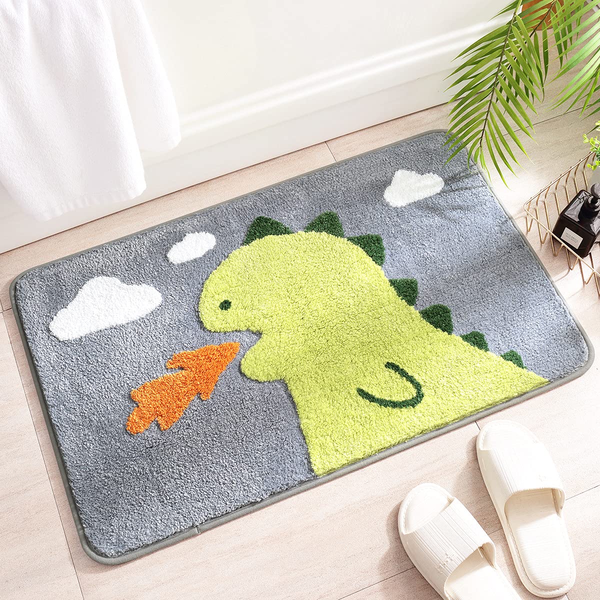 Bathroom Rug 19.6" x 31.4" Non Slip Bath Mat Soft Shower Rug Plush Microfiber Water Absorbent Thick Shaggy Floor Mats, Machine Washable, Dinosaur