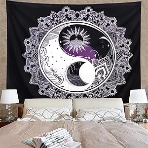 Amonercvita Sun and Moon Tapestry Black and White Tapestry Mandala Yin Yang Tapestry Tai Chi Wall Hanging Tapestry Psychedelic Wall Art Tapestry for Home (W59.1 × H51.2)
