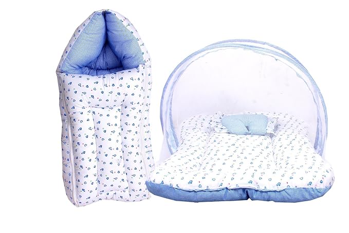 FARETO Baby Mattress with Mosquito Net & Sleeping Bag Combo 0-6 Months (0-6 months, Blue)