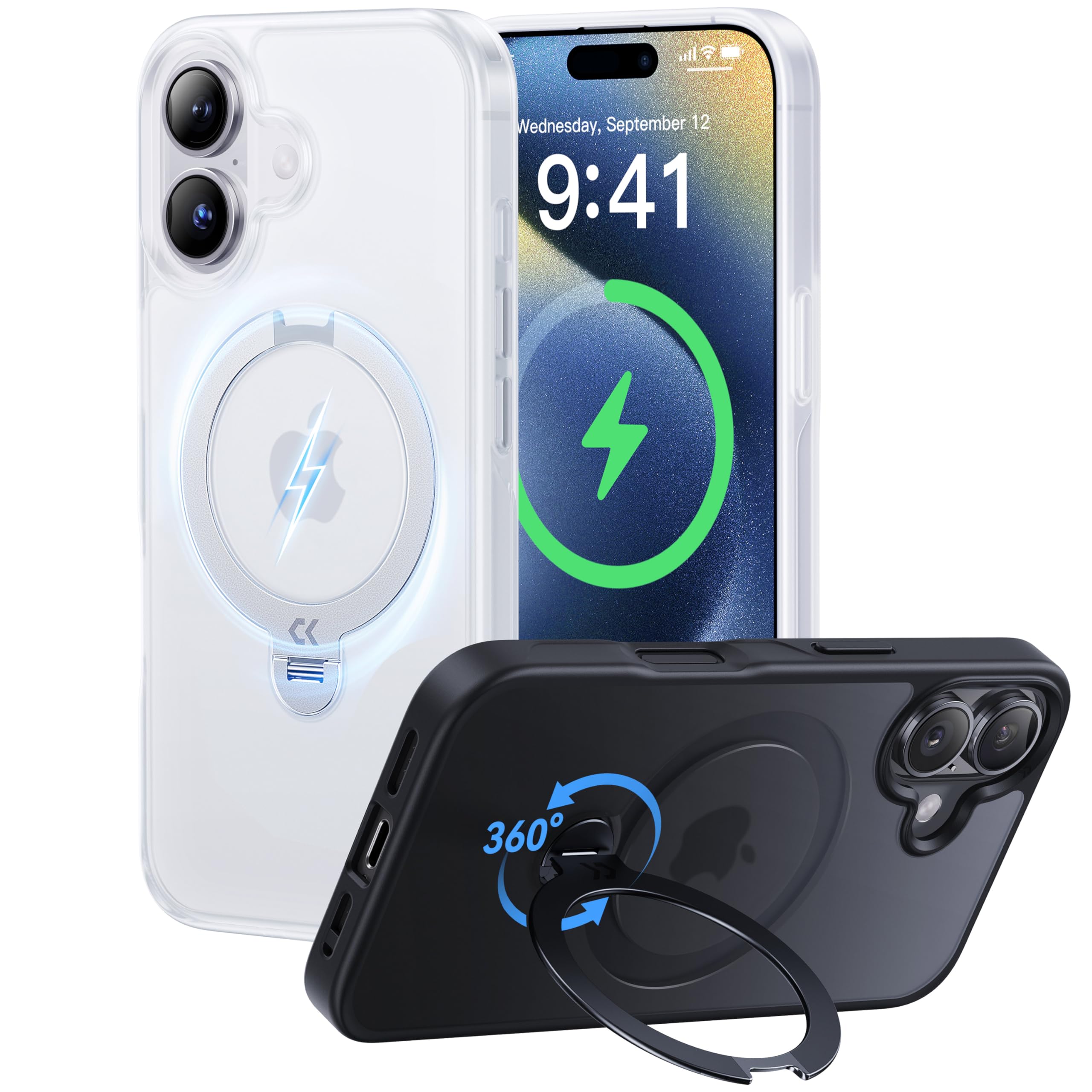 View 1 of CASEKOO Patented 360° Spin Magnetic Stand for iPhone 16 Case [Military Drop Protection] [Non-Slip Edge] [Compatible with MagSafe] Matte Shockproof Slim for iPhone 16 Case 6.1'', Translucent White