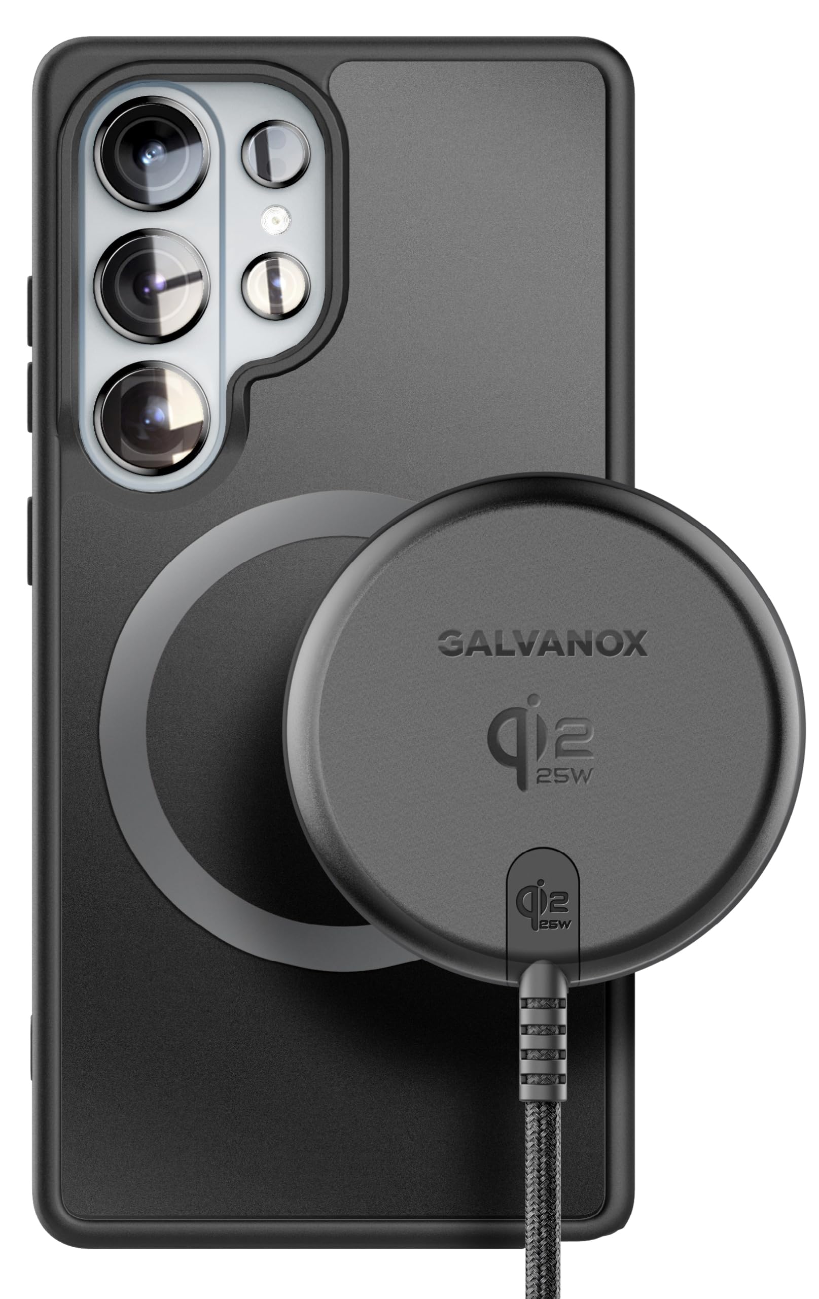 Galvanox 25W Magnetic Wireless Charger for Samsung, Qi2.2 Certified [Compatible with MagSafe] Fast-Charging 2.0 for Galaxy S26 Ultra, Fold, Plus S25/S24/S23, Braided 6ft USB-C (Black)