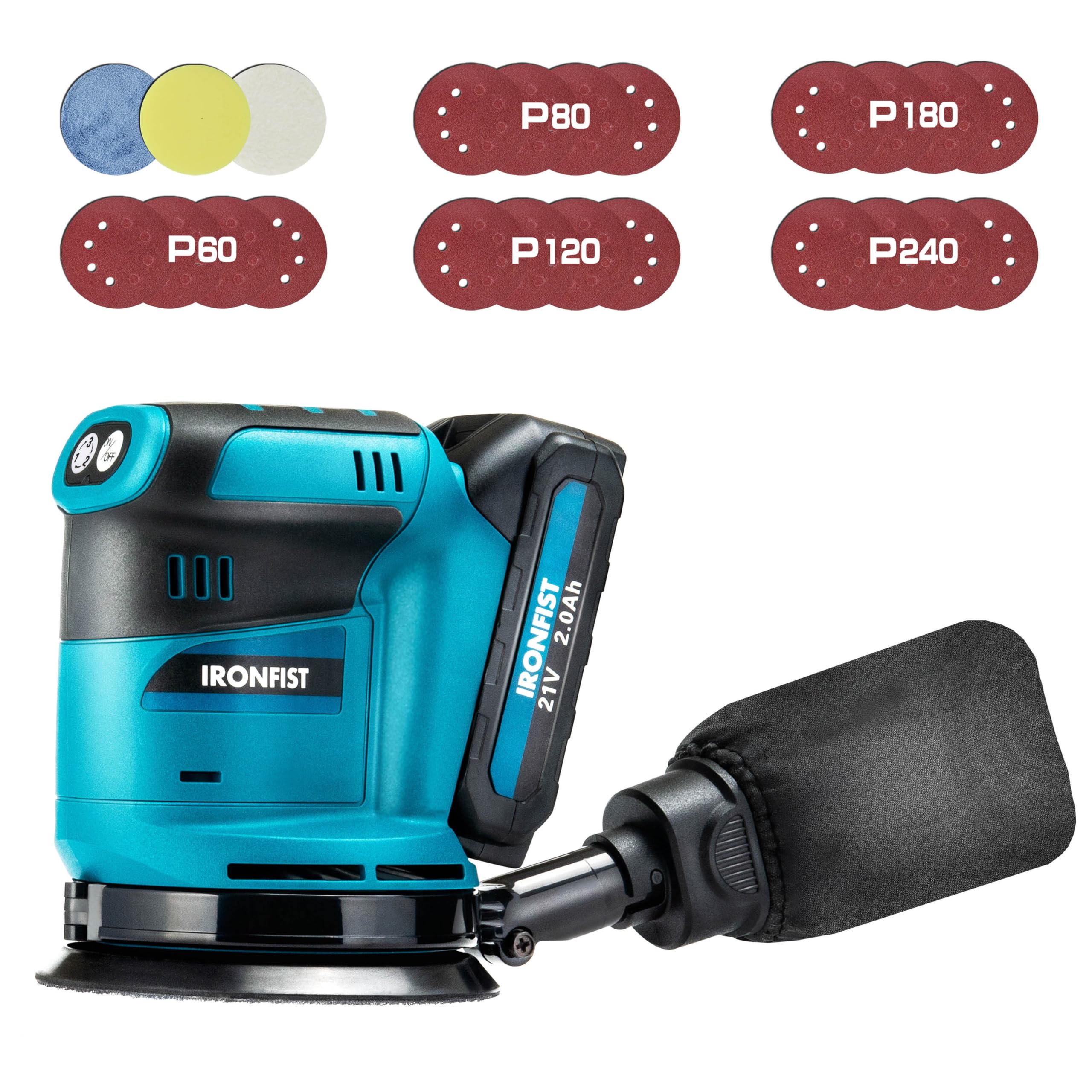 Photo 1 of IRONFIST Random Orbit Sander, 5inch Sander Compatible with MAKITA 18V Batteries, 3 Speed 7000/9500/11000opm Adjustable with Dust Bag, Include 2000mAh Battery & Charger & 23pcs Accessories