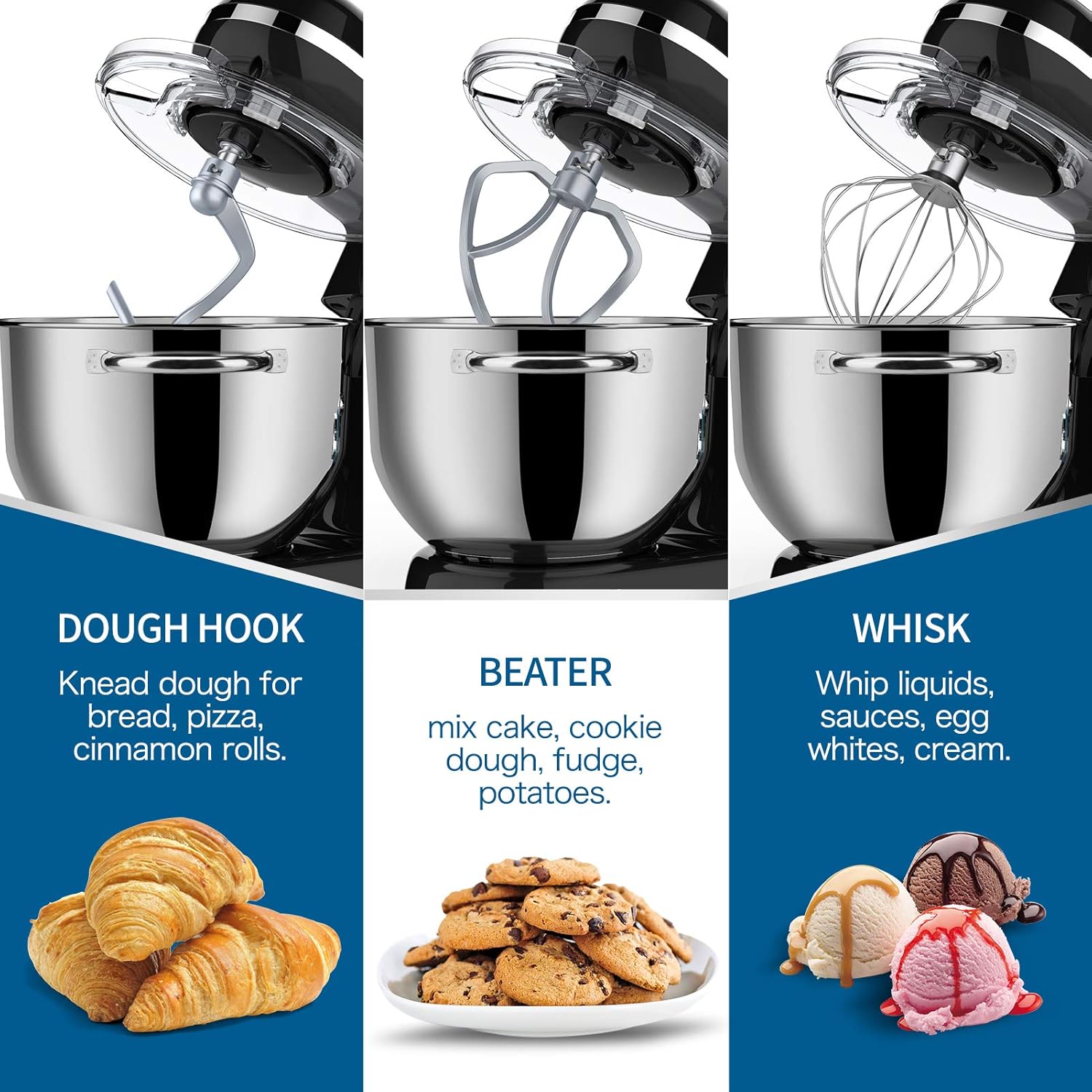 Stand Mixer, Vospeed Food Mixer Dough Blender, 6.2L Electric Cake Mixer with Bowl, Beater, Hook, Whisk - Image 5