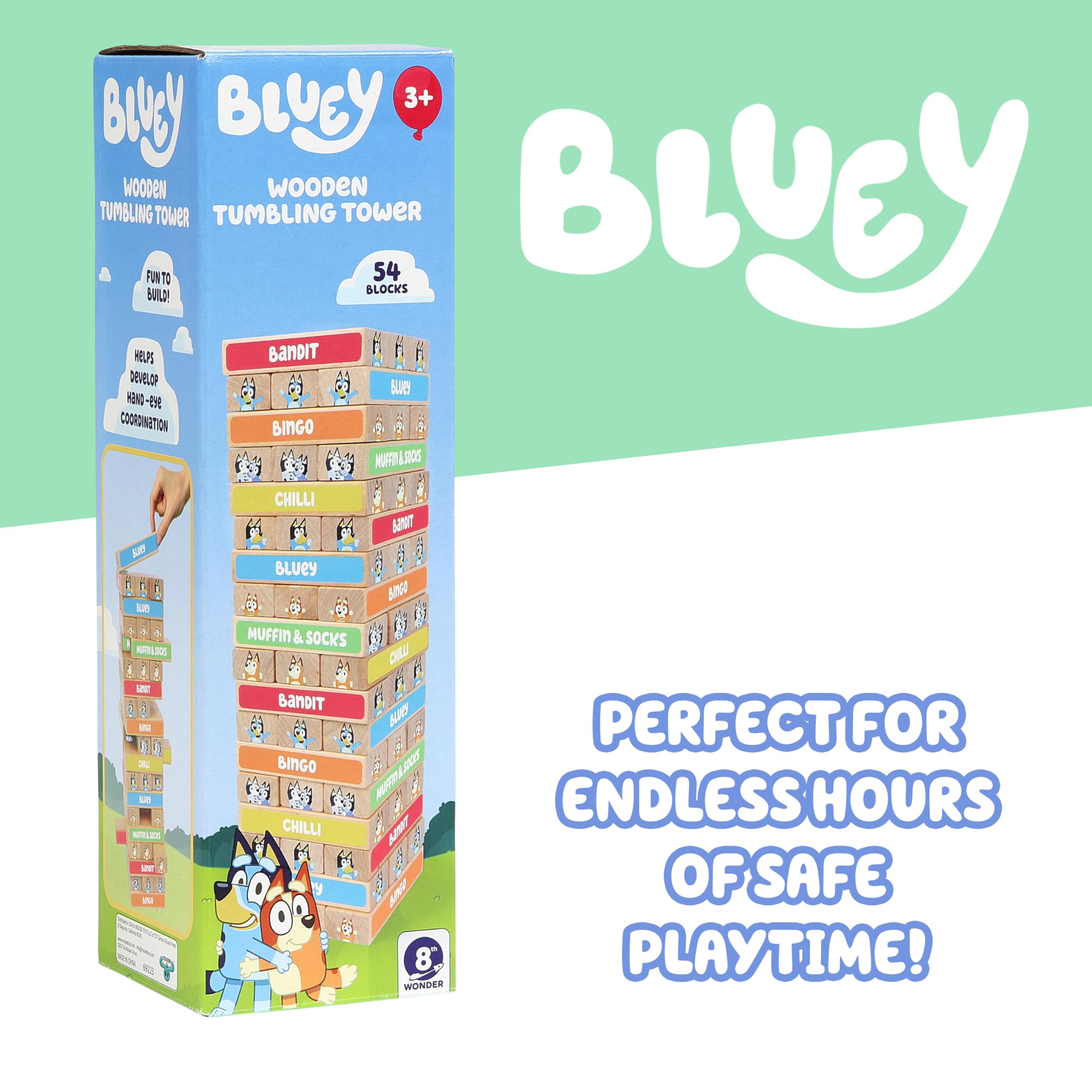 Bluey 8th Wonder Stackable Tumbling Tower Game, Robust Wooden Stacking Game with 54 Illustrated Colored Blocks, Fun Balancing Toy for Kids Ages 3+