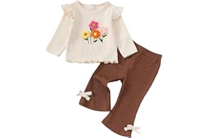 Kucnuzki Toddler Baby Girl Clothes Outfit Long Sleeve Ruffle T Shirt Top Bell Bottom Pants Two Piece Fall Winter Outfits