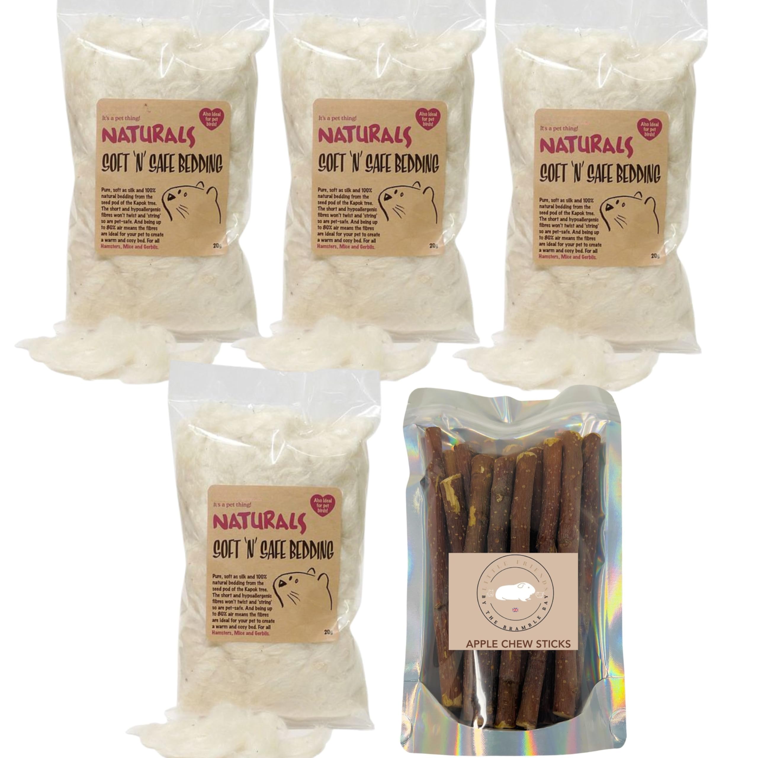 Hamster Bed Bundle contains Soft n Safe Bedding, Suitable for Hamsters, Mice and Gerbils, Pack of 4 x 20g and Apple Chew Sticks