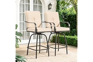 GOOGIC Patio Swivel Bar Stools, Outdoor Bar Height Swivel Chairs Set of 2 with Cushion & All Weather Steel Frame for Backyard, Lawn, Poolside and Balcony, Beige