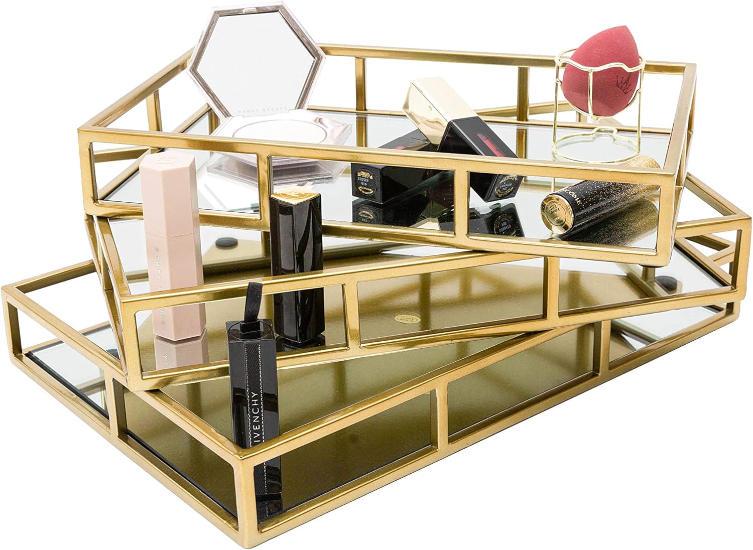 3 Pcs Nesting Gold Mirror Tray, Decorative Jewelry Perfume Trays for Vanity, Dresser, Bathroom, Bedroom Display, can Hold Cosmetics, Makeup, Magazine: Home Improvement