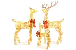 FUNNGO 3-Piece Flashing Large Lighted Christmas Deer Family Set with Bell Bow, Outdoor Reindeer Yard Decorations with 200 LED Lights, 10:1 Flickering Lights (Gold)