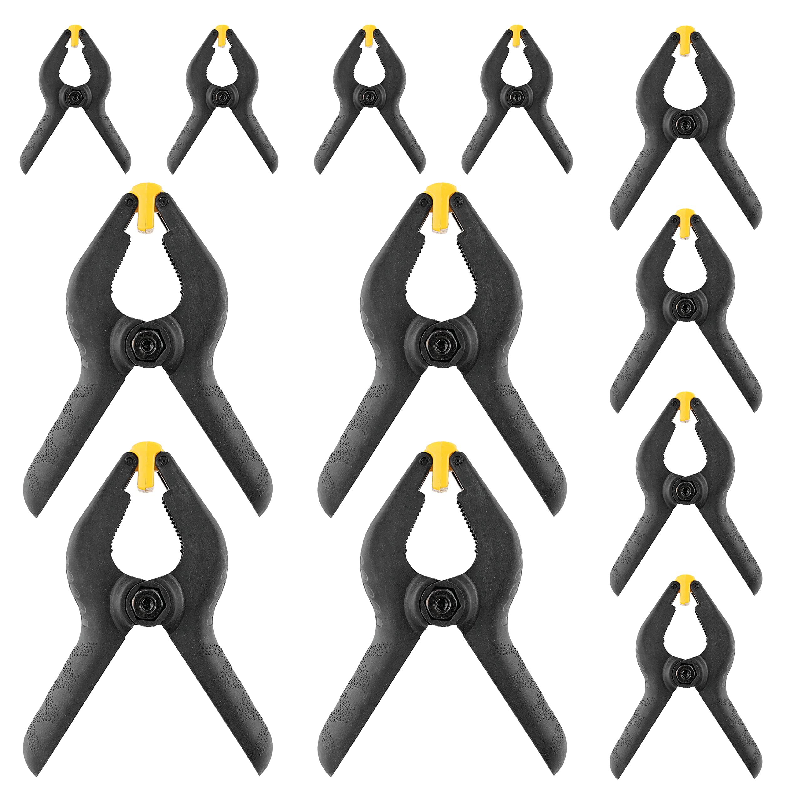 BLOSTM Spring Clamps Set 12 PCS - Heavy Duty Adjustable Plastic Clamps with Strong Grip for Workshops, DIY, Photography, Garden, Wood, Tarpaulin (3 Sizes: 4 x 8.5cm, 4 x 11.5cm, 4 x 16.5cm)