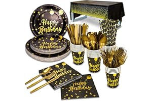 201 Pieces Gold Disposable Party Dinnerware Set &Golden Dot Disposable Birthday Party Dinnerware - Black Paper Plates Napkins