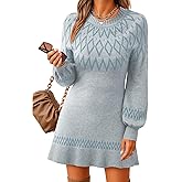 Youtalia Womens Knit Sweater Dress Fair Isle Lantern Sleeve Casual Crewneck Ribbed Pullover Sweaters Fall Winter Mini Dresses