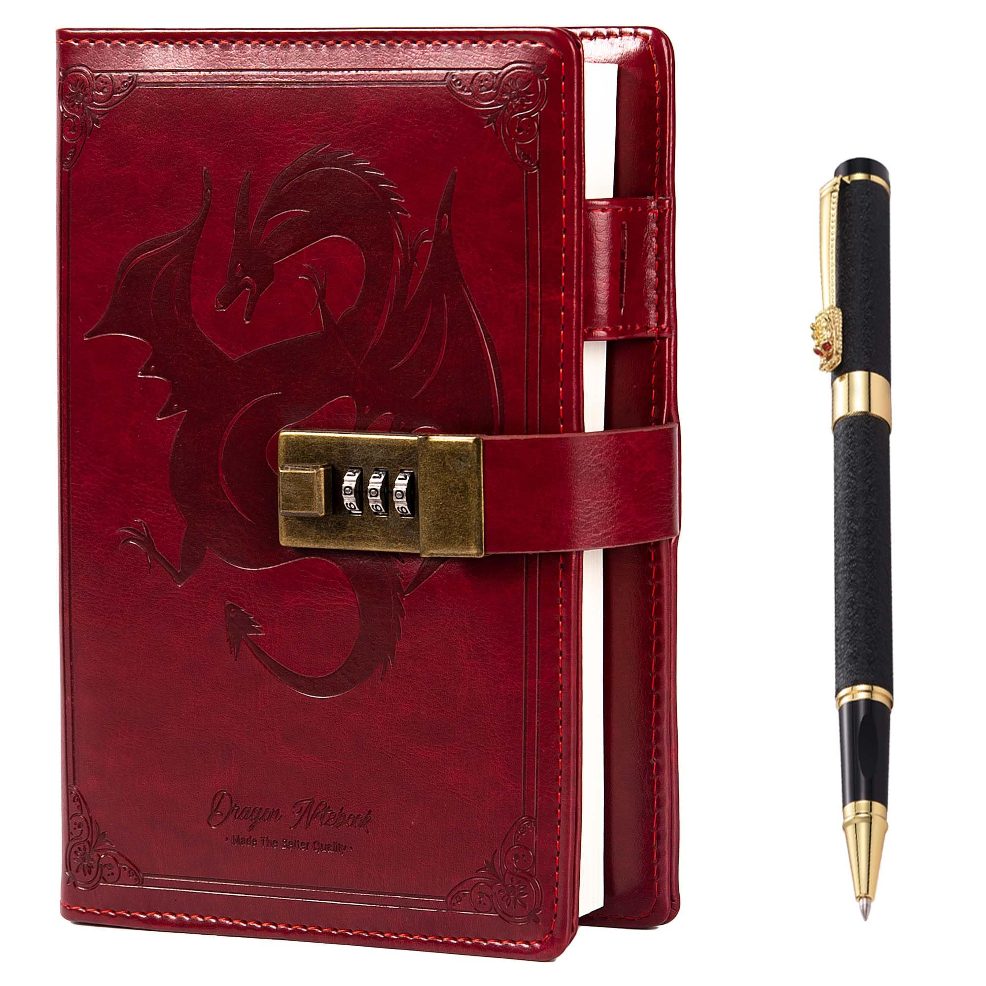 Dragon Leather Journal with Pen, Diary with Combination Lock, Lined/Blank Paper Notebook, B6 Writing Journals Stationery (Wine)