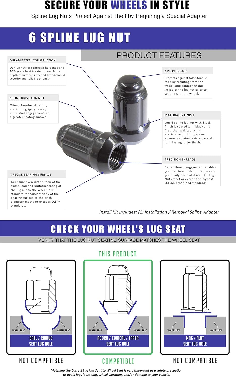 Wheel Accessories Parts Set of 20 1.38" Long Car Lug Nut Closed End Bulge Acorn Spline Lug Nuts Cone Seat Locking with Key (1/2, Black): Automotive