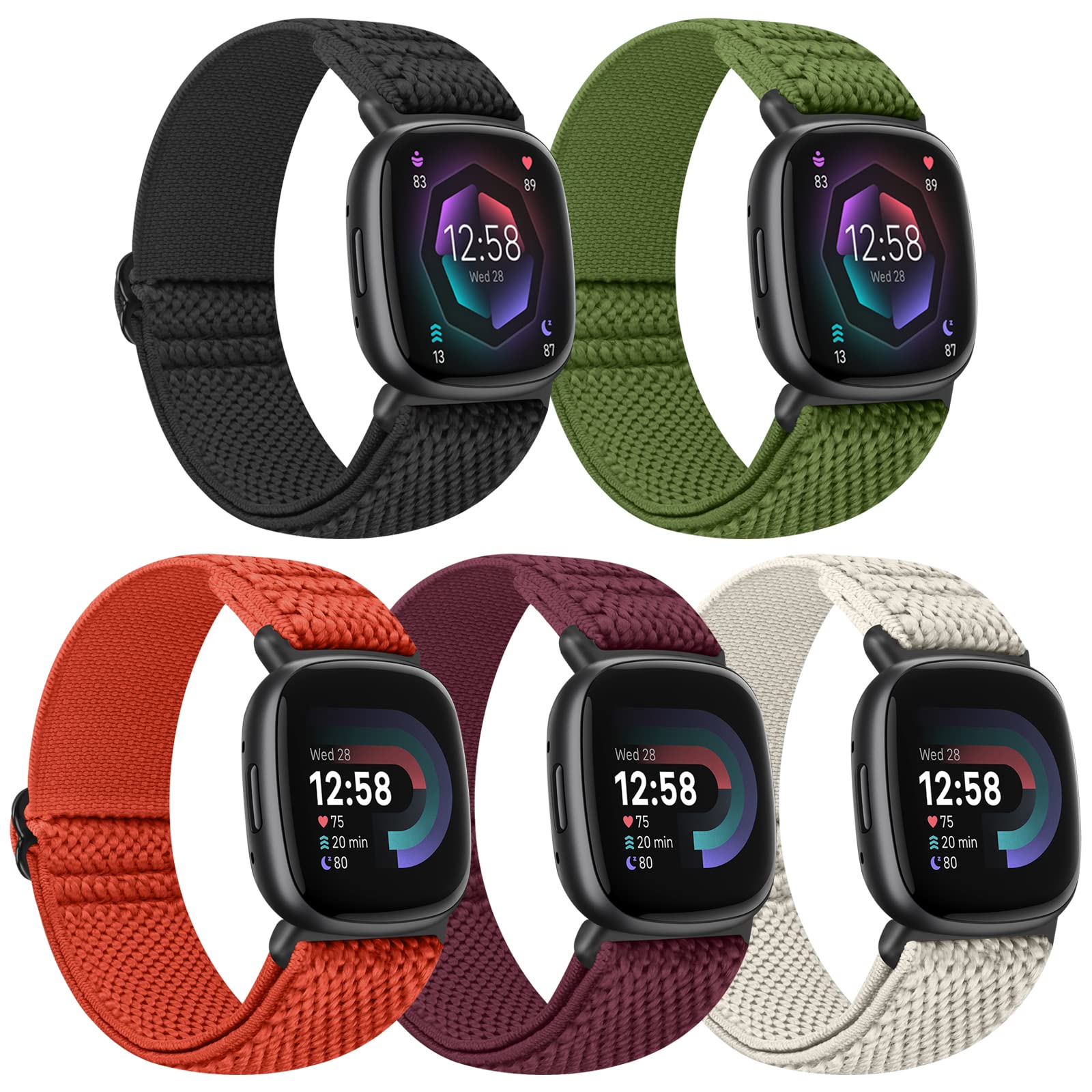 Tiptops 5 Pack Straps Compatible for Fitbit Versa 4/Fitbit Sense 2 Straps/Fitbit Versa 3/Fitbit Sense Bands Men Women, Adjustable Comfortable Loop Nylon Sports Replacement Stretchy Bands — image 1