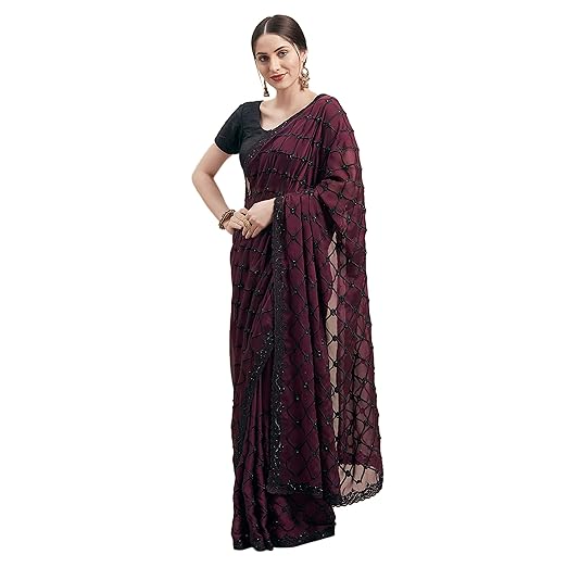 Womanista Satin with Blouse Piece Saree (TI1223_Burgundy_OneSize)