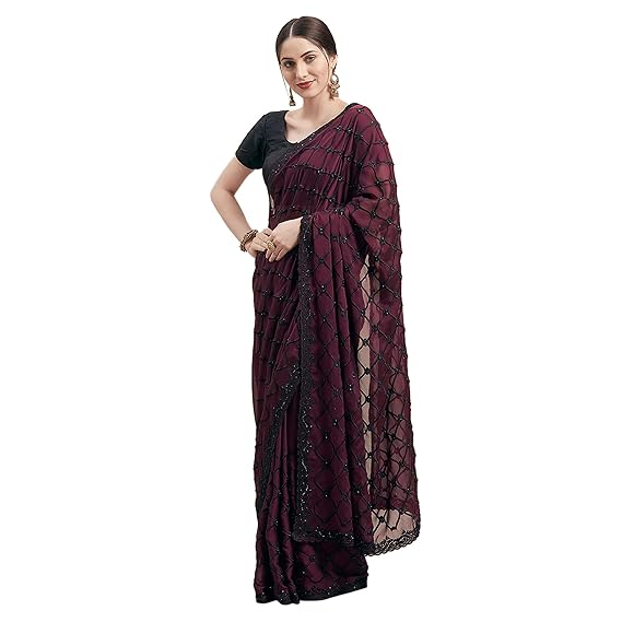 Satin with Blouse Piece Saree (TI1223_Burgundy_OneSize)