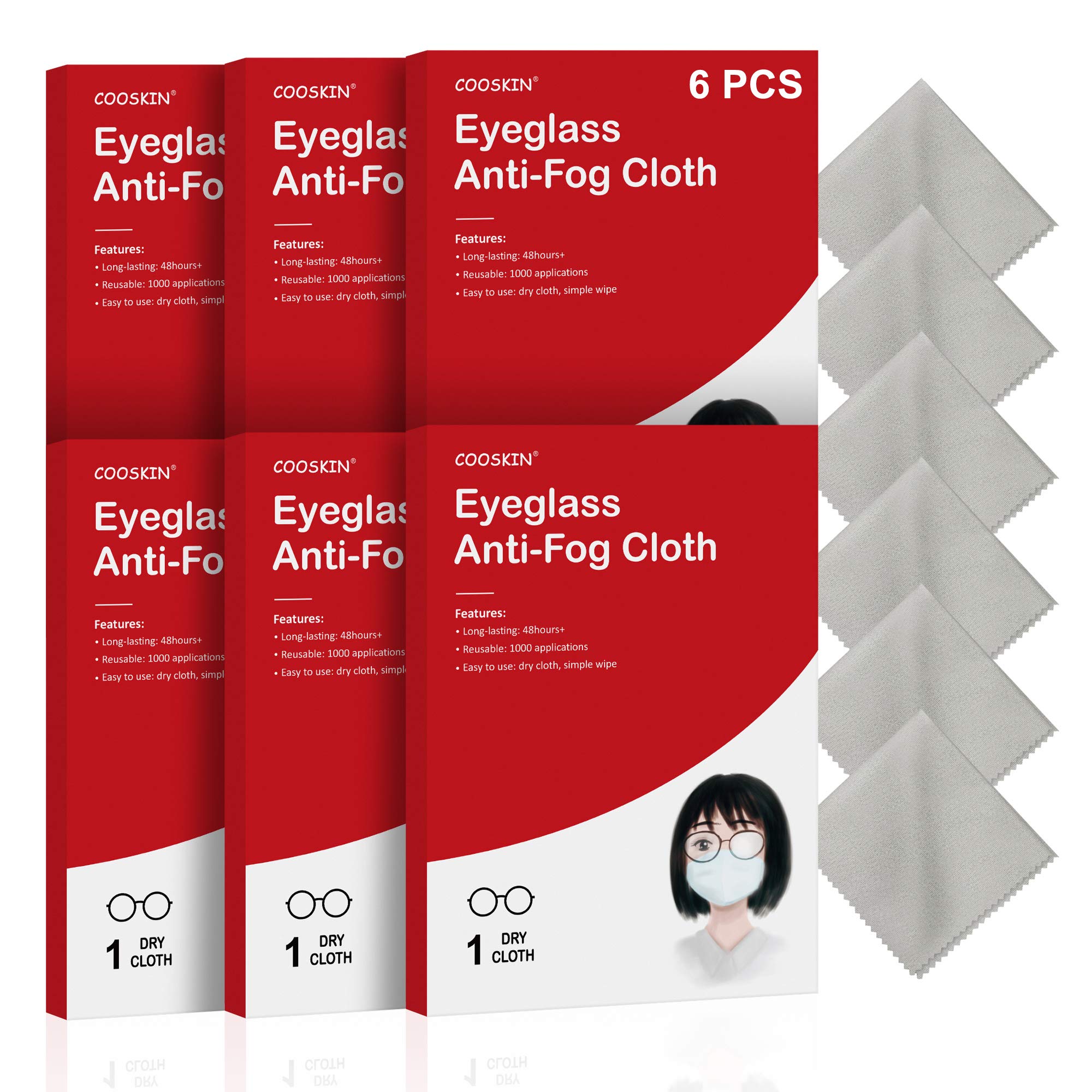 COOSKIN Anti-Fog Cloth for Eyeglasses, Reusable 1000 Times and Lasts for 48h, Anti Fogging Glasses Cleaning Cloth, AntiFog Dry Wipe Cleaner/Clothing, Stop Fogging up/Anti Fog Spray for Goggles 6pcs
