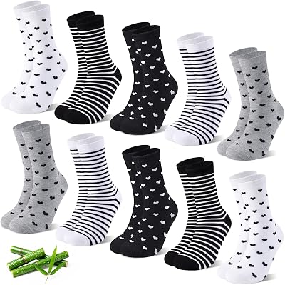 Chaussettes Femme Bambou 10|20 Paires Cœurs & Rayures Cadeau,35-38,Noir Élégant